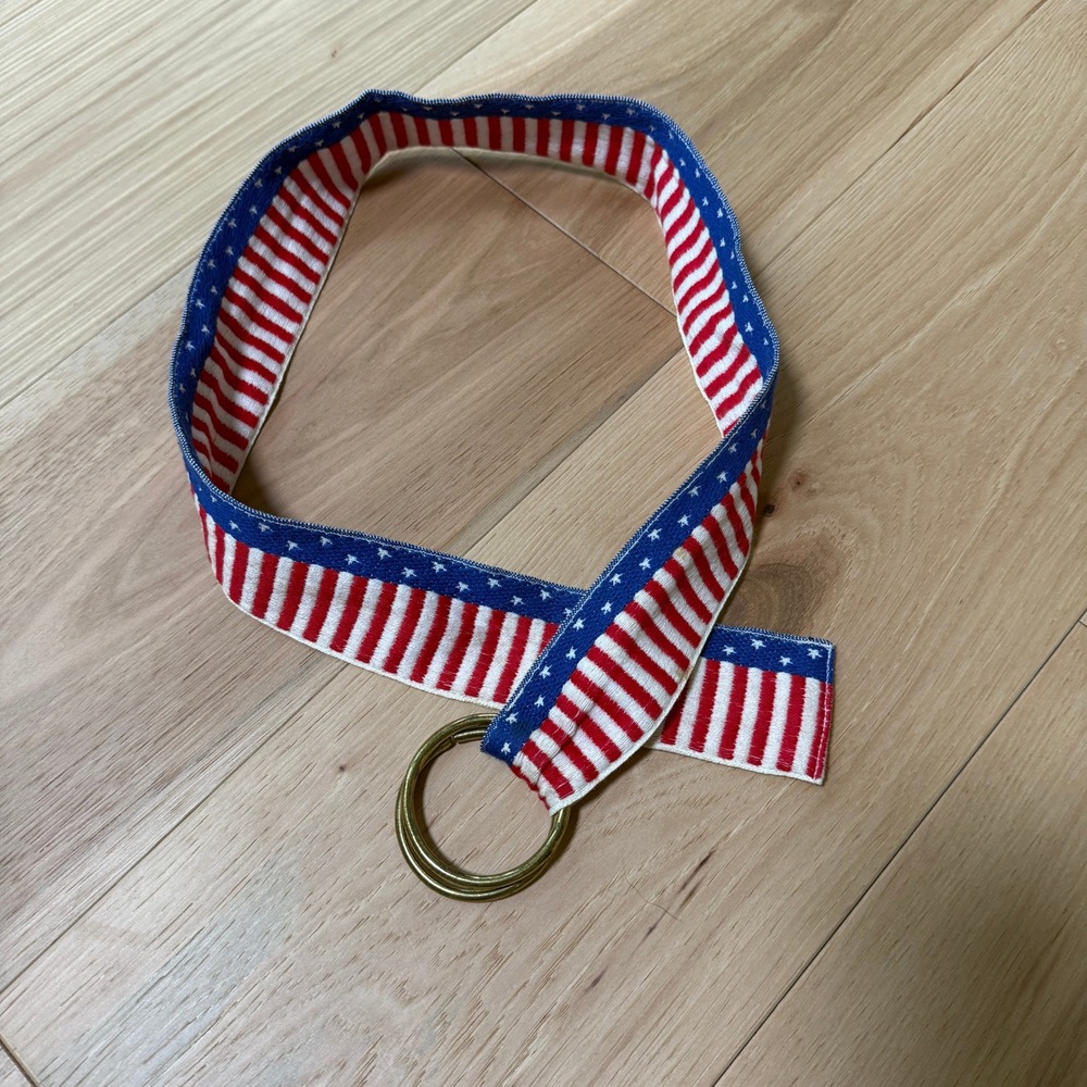 Red White Blue Patriotic Nautical Stars Stripes Fabric D-Ring Belt SZ Medium